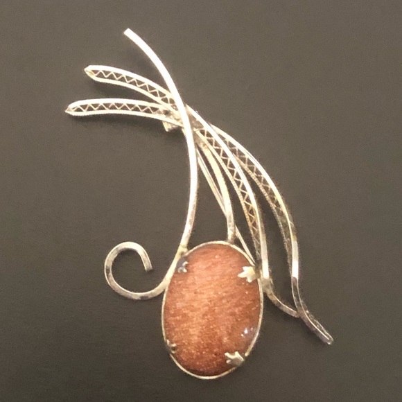 Jewelry - Sterling Silver Vine Brooch Pin with Orange Stone